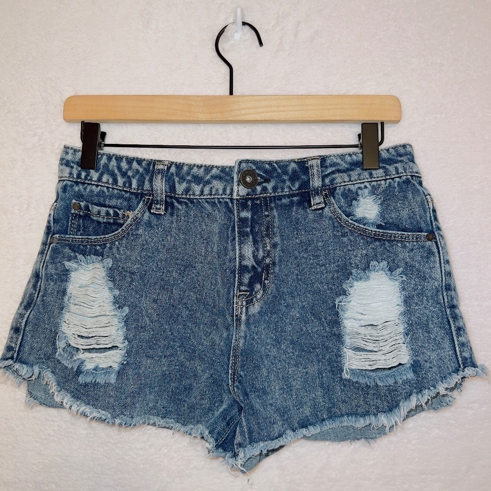 Tinseltown Denim Medium Wash High Rise Distressed Cut Off Shorts size 4